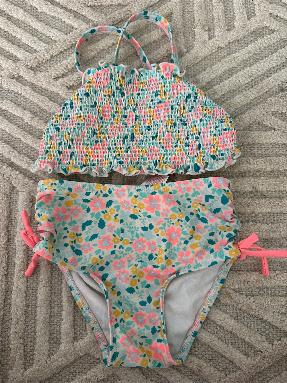 Girls Floral Two-Piece Swimsuit - Pink, Teal & Yellow